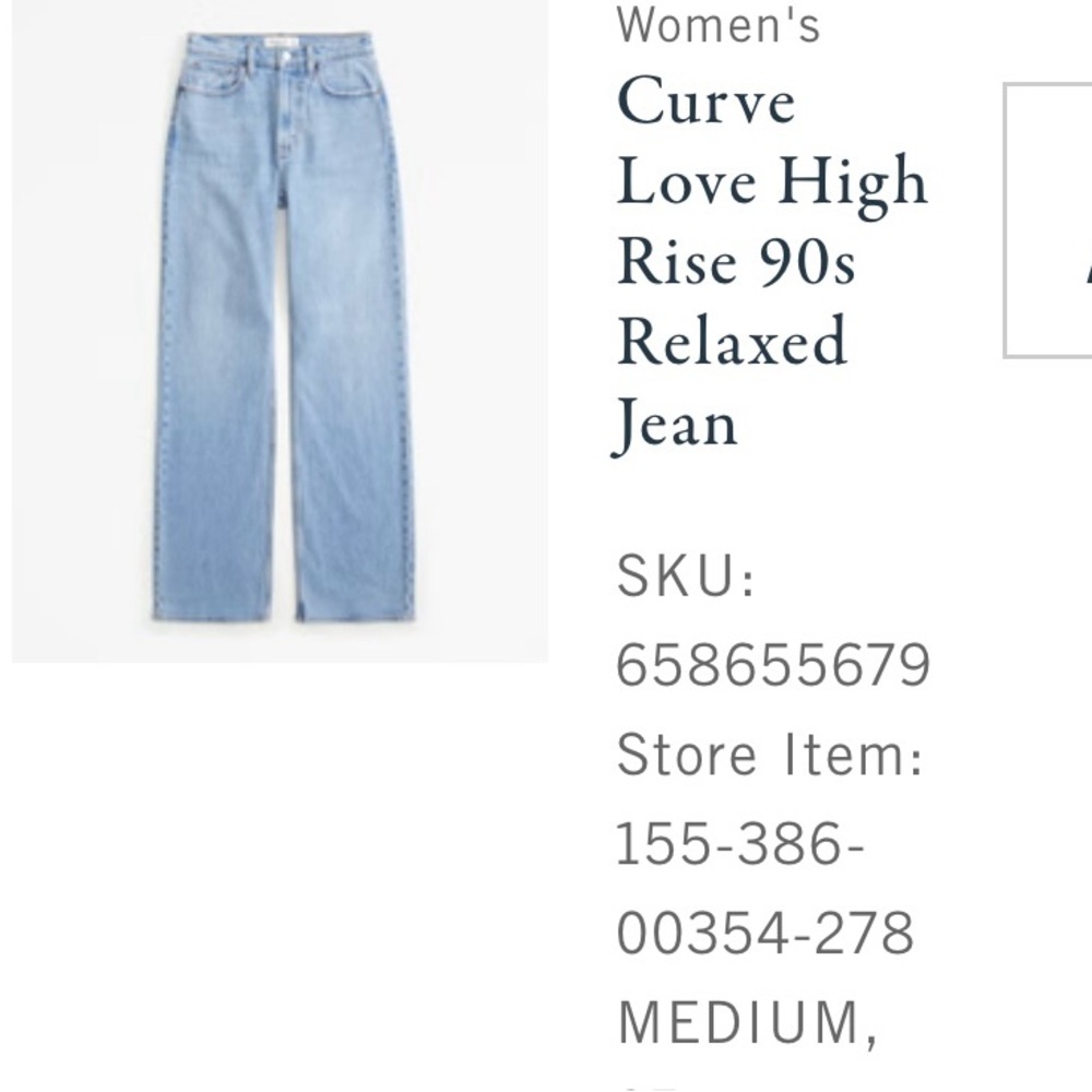 Abercrombie Curve Love High Rise 90s Relaxed Jean, color Medium. NWT.